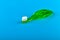 Green childrens toothbrush. on a blue background. Place for an inscription. Toothbrushing a child