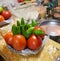 Green chilli tomato in a plate in a chat shop