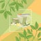 Green chinese tea leaves background with lemon, chamomile and mug of tea vector illustration.