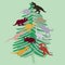 Green Christmas tree decorated with dinosaurs flat illustration