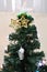 A green Christmas tree with a transparent star topper and other ornaments