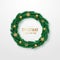 Green Christmas wreath with golden baubles, stars and confetti.