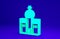 Green Church building icon isolated on blue background. Christian Church. Religion of church. Minimalism concept. 3d