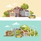Green city vector concept. Infographic with set of buildings, infrastructure, modern technology and plants. Wind power stations