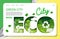 Green city vector website landing page template. Paper cut craft eco friendly city with green energy, bicycle transport.