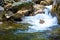 Green clear still water lagoon surrounded by small waterfalls and rocks on summer day