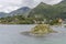 Green cliff at fjord inlet, near Svolvaer, Lofoten, Norway