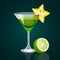 Green cocktail with lime part below on dark background