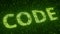 Green CODE word made with flying luminescent particles. Information technology related loopable 3D animation