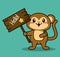 Green color background with cute kawaii animal monkey standing with wooden sign hello and star