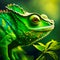 Green colored chameleon close up, generative AI
