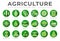 Green Colorful Agriculture Round Icon Set of Wheat, Corn, Soy, Tractor, Sunflower, Fertilizer, Sun, Water, Growth, Weather, Rain,