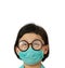 Green colour surgical protect mask on asia kid doctor dress face ,eyes look up ,headshot portrait ,isolated on white with copy