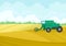 Green combine in the field. Vector illustration on white background.
