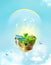 Green concpet : energy, eco bulb conception with fantasy blue sky, clouds and rainbow