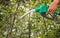 Green conservation. Gas pump nozzle and leaf background. Fuel dispenser on nature background.