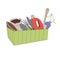 Green container with gardening tools isolated