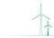 Green contour of two wind turbines on a meadow on a white background: Abstract background for environmental energy in the country