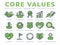 Green Core Values Retro Icon Set. Integrity, Leadership, Quality and Development, Creativity, Accountability, Simplicity,