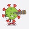 Green Corona Virus cartoon mascot character using a monocular