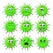 Green corona virus character with sad expression face. Coronavirus vector illustration with facial expression big set isolated on