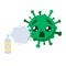 Green coronavirus with a antibacterial agent. Covid-19. Funny cartoon character with emotion. Shok. Vector illustration isolated