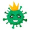 Green coronavirus with a crown. Covid-19. Funny cartoon character with emotion. Smirk, anger, arrogance. Vector illustration