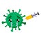 Green coronavirus with a vaccine. Covid-19. Funny cartoon character with emotion. Sadness, tears, chagrin. Vector illustration