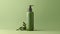 Green cosmetic bottle with dispenser and eucalyptus leaves on green background