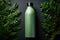 Green cosmetic bottle, fern leaves on a dark background