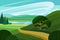 Green countryside landscape, panoramic valley scenery with abstract nature, fields