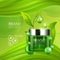 Green cream bottle with silver cap and green leaves on juicy background. Skin care vitamin formula treatment design