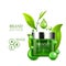 Green cream bottle with silver cap and green leaves on white background. Skin care vitamin formula treatment design