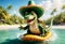 Green crocodile in sombrero floats on water board. Generative AI