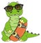 Green crocodile in sunglasses with skate