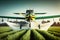 Green crop duster airplane aerially applies pesticide spraying on field , Generative AI