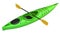 Green crossover kayak with yellow paddle. 3D render, isolated on white background.