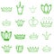 Green Crowns. Tiara. Diadem Sketch crown. Hand drawn queen tiara, king crown. Royal imperial coronation symbols, monarch majestic