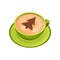 Green cup of fresh coffee with drawing of fir tree on foam of cinnamon powder. Latte art. Flat vector icon