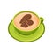 Green cup of tasty cappuccino with latte art in shape hearts of cinnamon powder. Hot morning drink. Flat vector icon