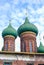 Green cupolas of the Church of Saint Nicolas in Yaroslavl, Russia.