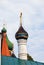 Green cupolas of an old orthodox church in Yaroslavl, Russia.