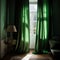 Green curtains hanging in room with window, created using generative ai technology