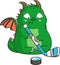Green cute dragon with hockey stick and puck. Clipart