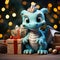 Green cute dragon in holding a box with a New Year\\\'s gift. illustrative minimalistic image.