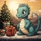 Green cute dragon in holding a box with a New Year\\\'s gift. illustrative minimalistic image.