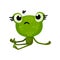 Green cute frog sitting with sad face expression, insect flying over head. Flat vector element for children book.