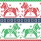 Green, dark blue , red Christmas Scandinavian seamless Nordic pattern with rocking dala pony horses, stars, snowflakes in c