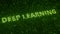 Green DEEP LEARNING words made with flying luminescent particles. Information technology related loopable 3D animation
