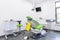 Green dental chair and medical equipment at the dental clinic. The concept of healthcare and treatment in medical